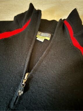 Meister Men’s Black Zip-Up Sweater with Red Shoulder Stripes